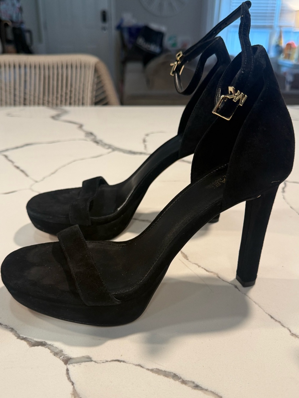 Michael Kors Black Suede High Heel Ankle Strap Sandals with Gold Buckle